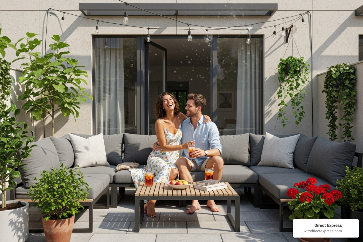 a couple enjoying a private patio on their duplex unit - duplex for rent