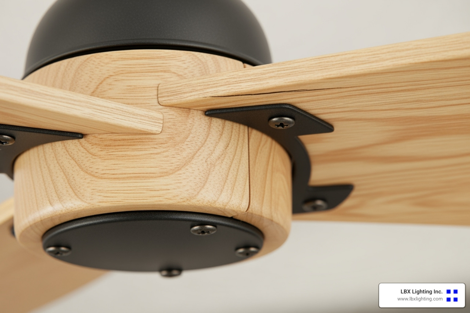 close up on a fan showing wood grain and metal details - modern farmhouse living room ceiling fan