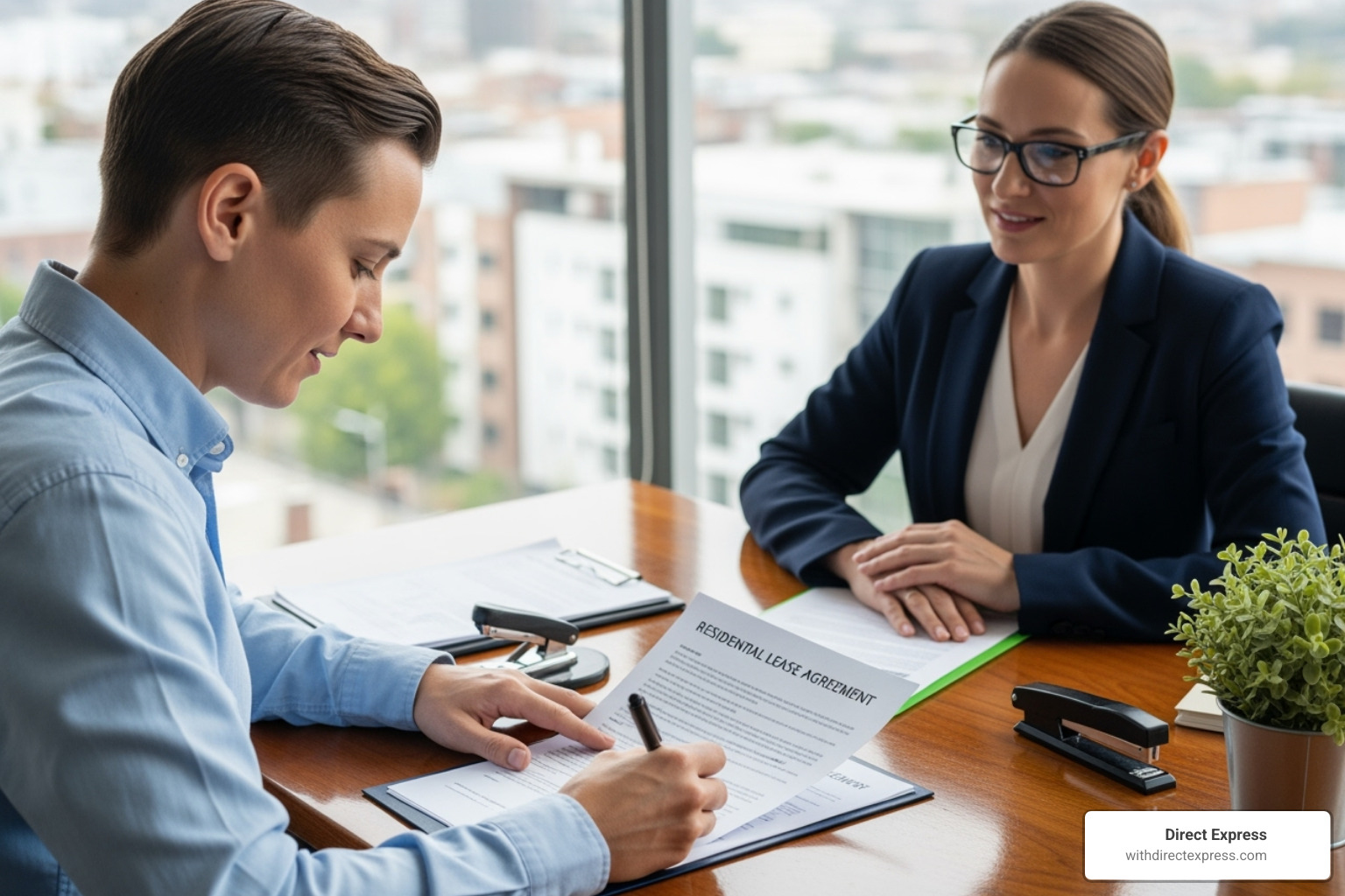 a person signing a rental agreement with a landlord or property manager - duplex for rent