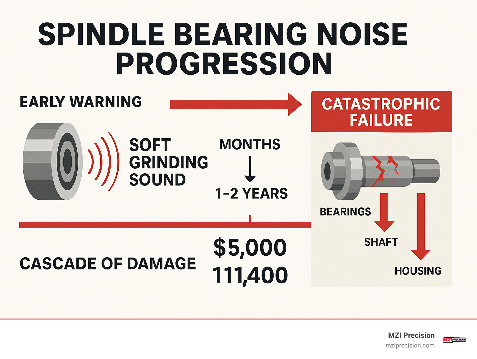 Infographic showing the progression of spindle bearing noise from early warning signs like soft grinding sounds to catastrophic failure, including timeline markers, cost implications, and the cascade of damage from bearings to shaft to housing components - spindle bearing noise infographic 