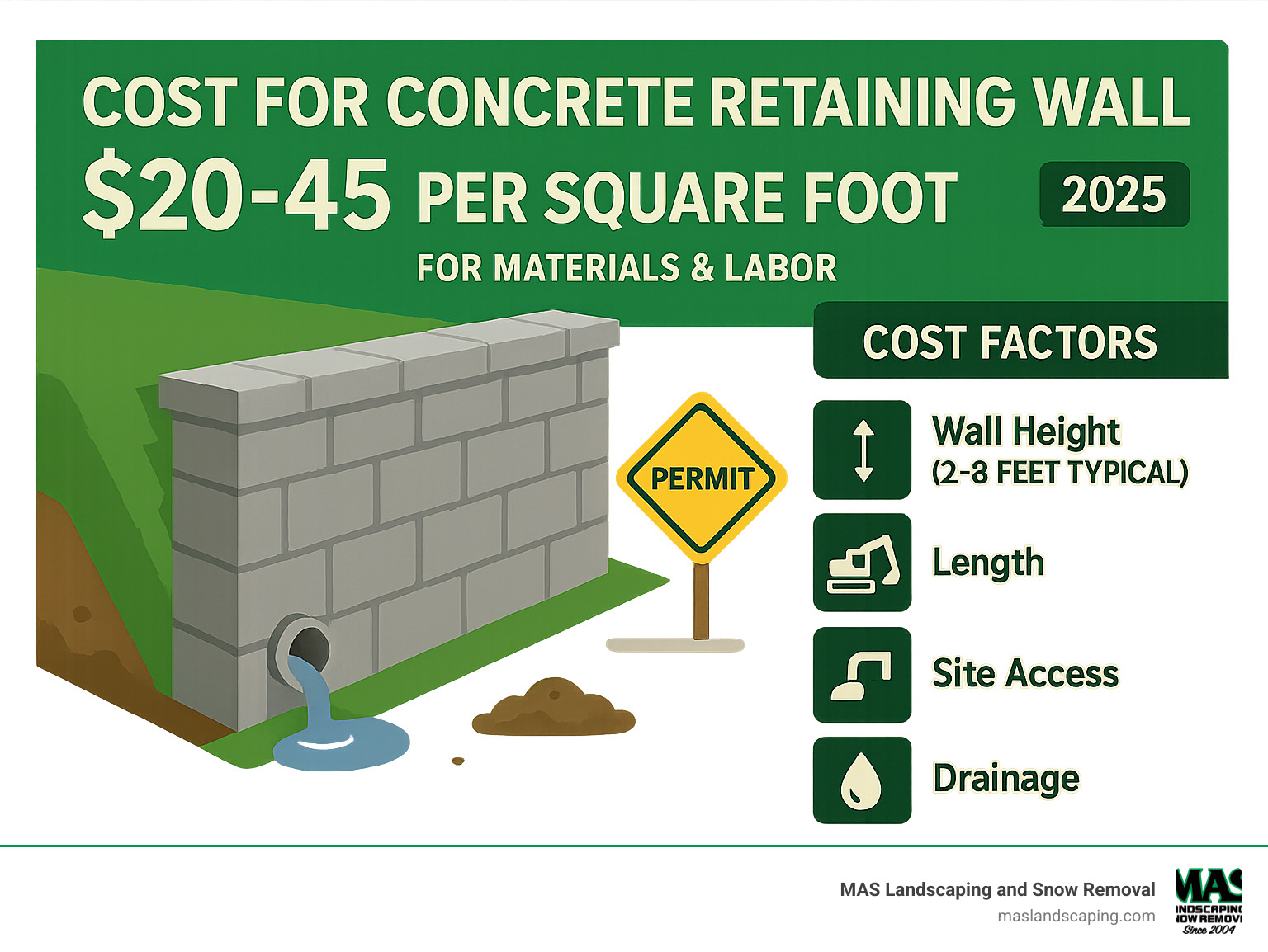 Infographic showing concrete retaining wall cost breakdown: $20-45 per square foot for materials and labor, with factors including wall height (2-8 feet typical), length, site access difficulty, drainage requirements, and permit costs for walls over 3-4 feet - cost for concrete retaining wall infographic Infographic showing concrete retaining wall cost breakdown: $20-45 per square foot for materials and labor, with factors including wall height (2-8 feet typical), length, site access difficulty, drainage requirements, and permit costs for walls over 3-4 feet - cost for concrete retaining wall infographic