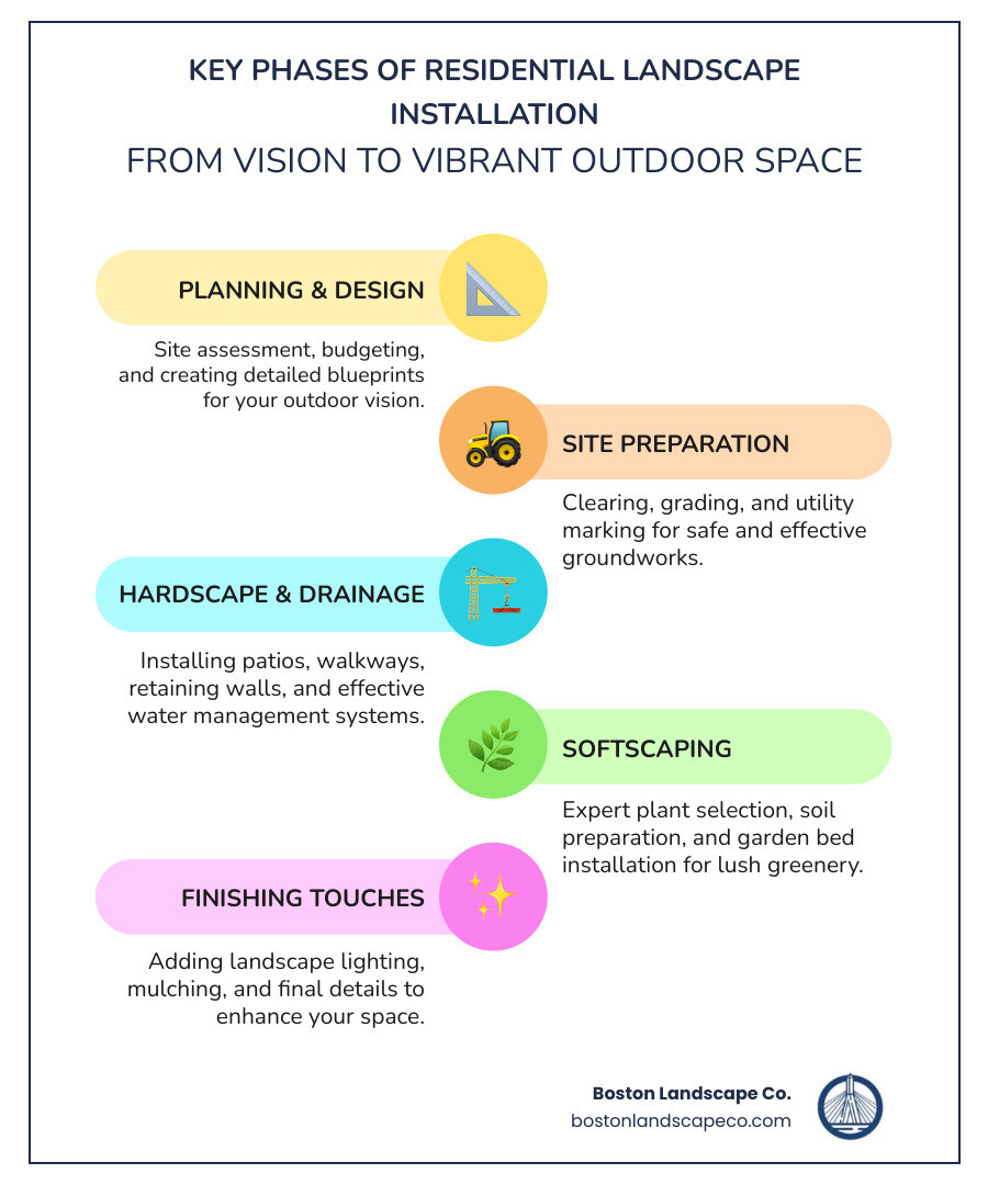 Infographic showing the 6 key phases of residential landscape installation: Planning & Design (site assessment, budgeting, blueprints), Site Preparation (clearing, grading, utility marking), Hardscaping (patios, walkways, structures), Drainage Systems (water management, protection), Softscaping (plants, soil prep, gardens), and Finishing Touches (lighting, mulch, final details) - residential landscape installation infographic infographic-line-5-steps-colors