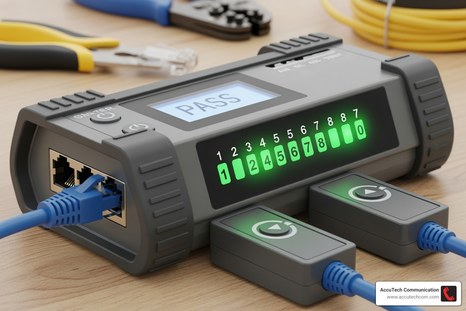 Ethernet cable tester showing successful connection - installing an ethernet port