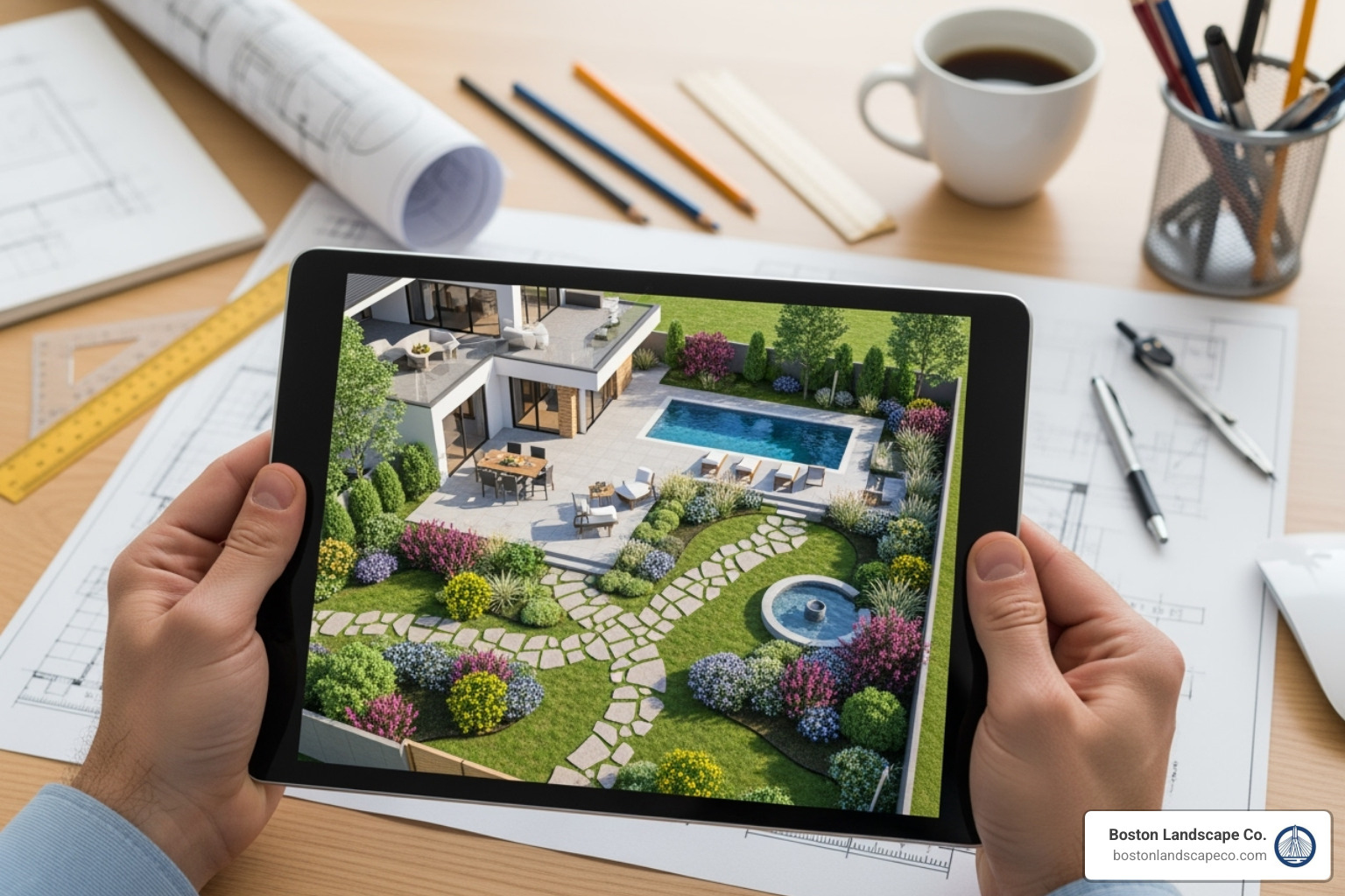landscape architect's design plan or 3D rendering on a tablet - residential landscape installation