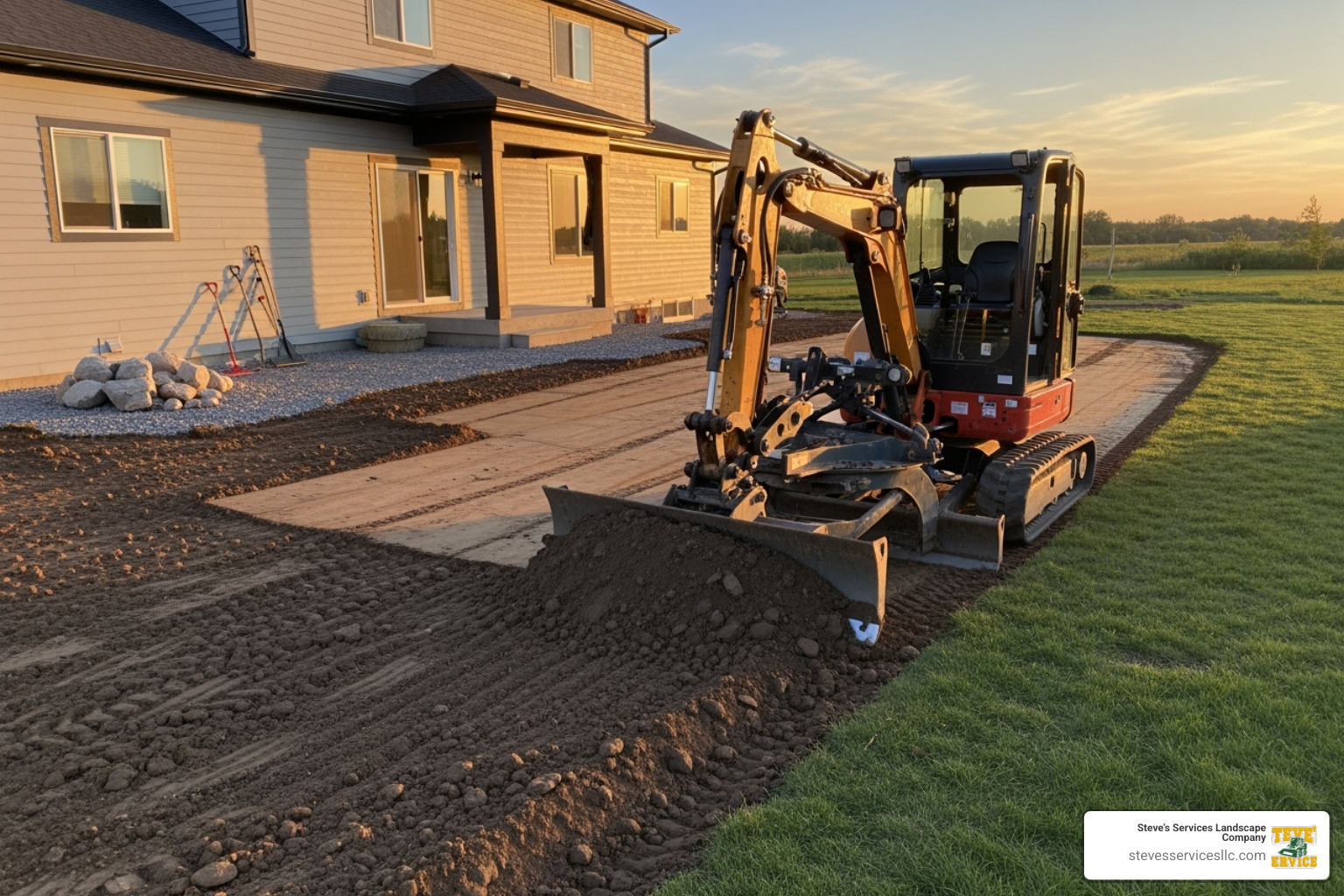 Mini-excavator grading a residential yard - Yard excavation contractors Mini-excavator grading a residential yard - Yard excavation contractors