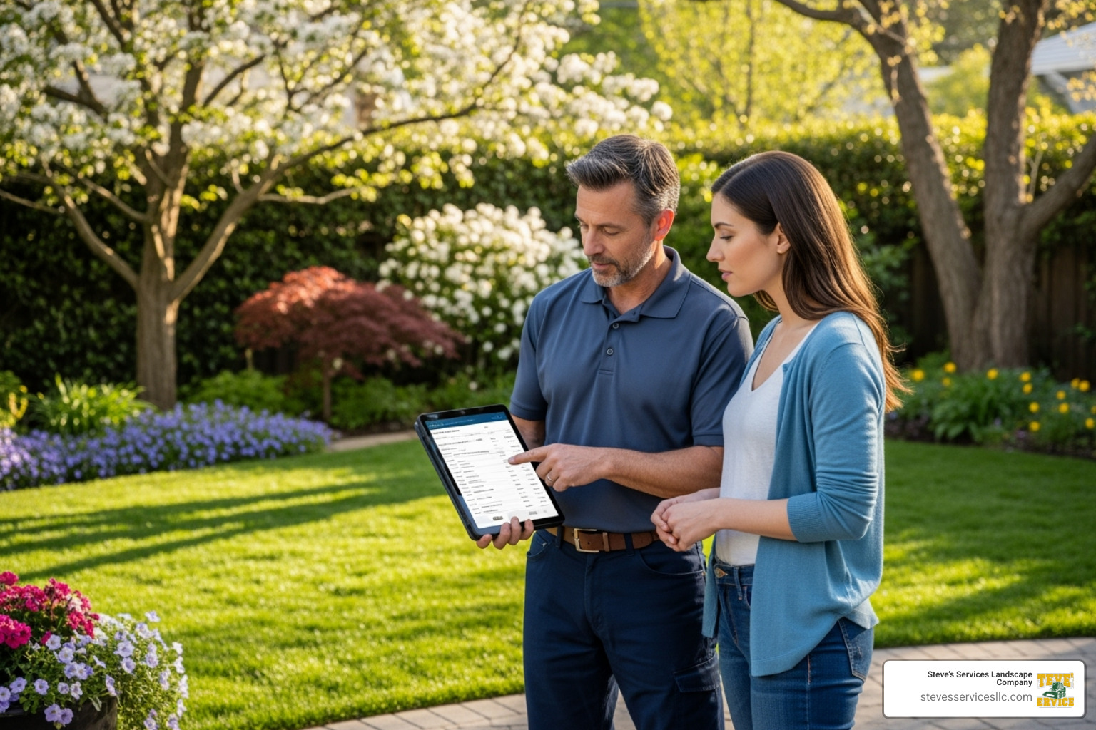 Contractor providing a homeowner with a project estimate - Yard excavation contractors Contractor providing a homeowner with a project estimate - Yard excavation contractors