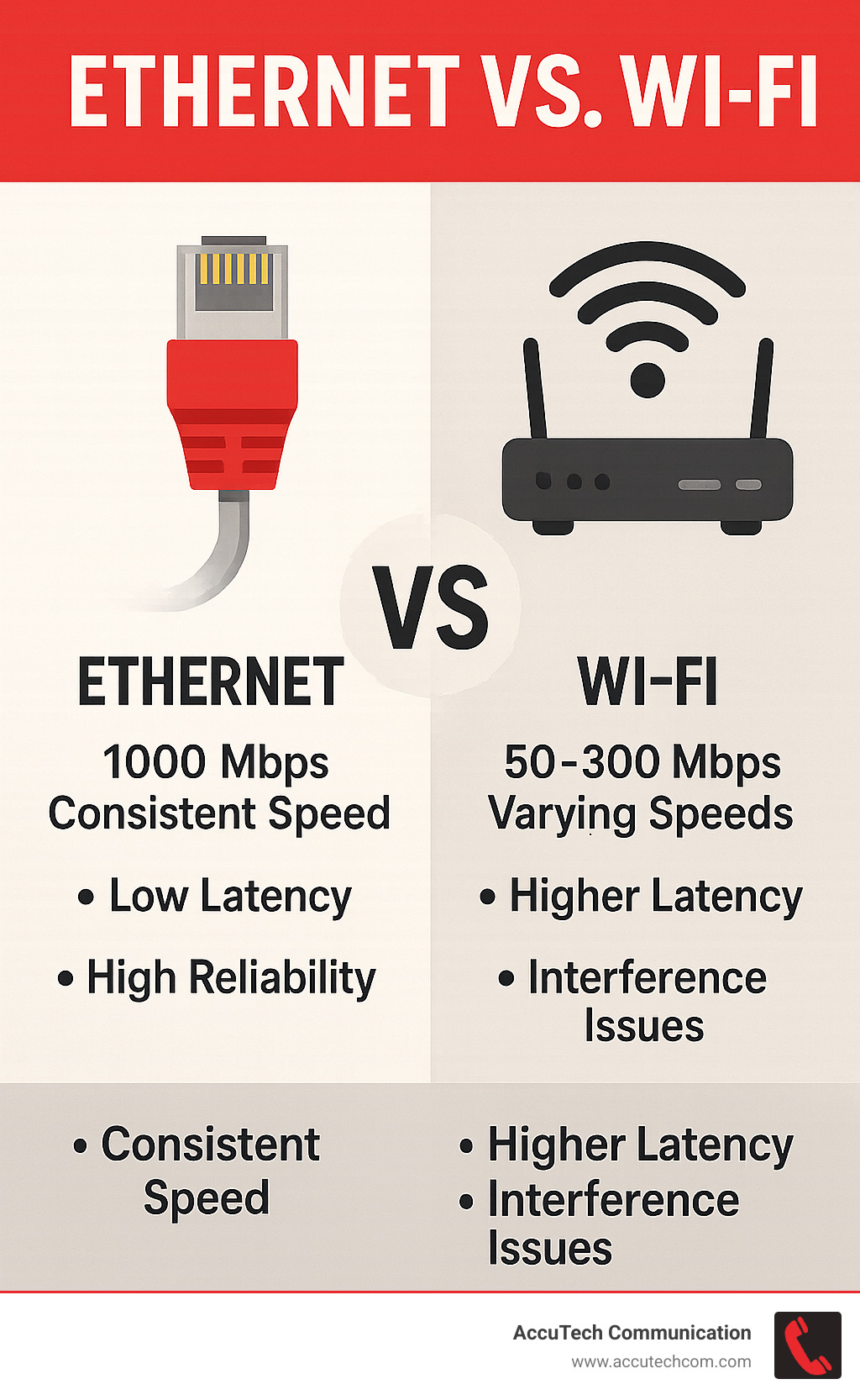 Infographic comparing ethernet vs wifi showing ethernet provides 1000 Mbps consistent speed with low latency and high reliability while wifi provides varying speeds of 50-300 Mbps with higher latency and interference issues - installing an ethernet port infographic 