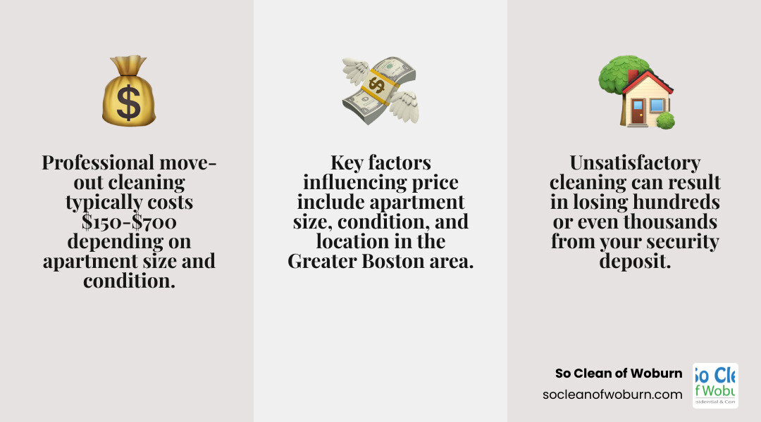Infographic showing apartment move-out cleaning cost breakdown by size and key pricing factors including apartment condition, square footage, number of bathrooms, and location in Greater Boston area - how much does apartment move out cleaning cost infographic 3_facts_emoji_grey