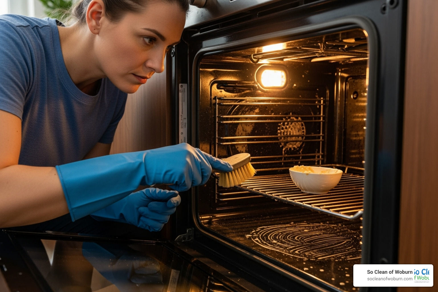 Professional cleaner deep cleaning an oven interior - how much does apartment move out cleaning cost