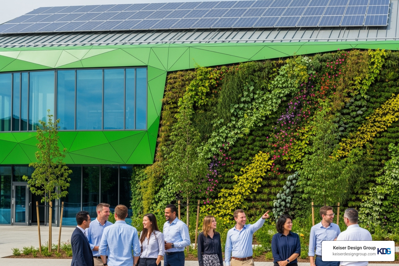 A vibrant green building with solar panels on the roof and a lush living wall on one facade, symbolizing sustainability and forward-thinking design, with diverse individuals interacting positively near the building. - building architecture design