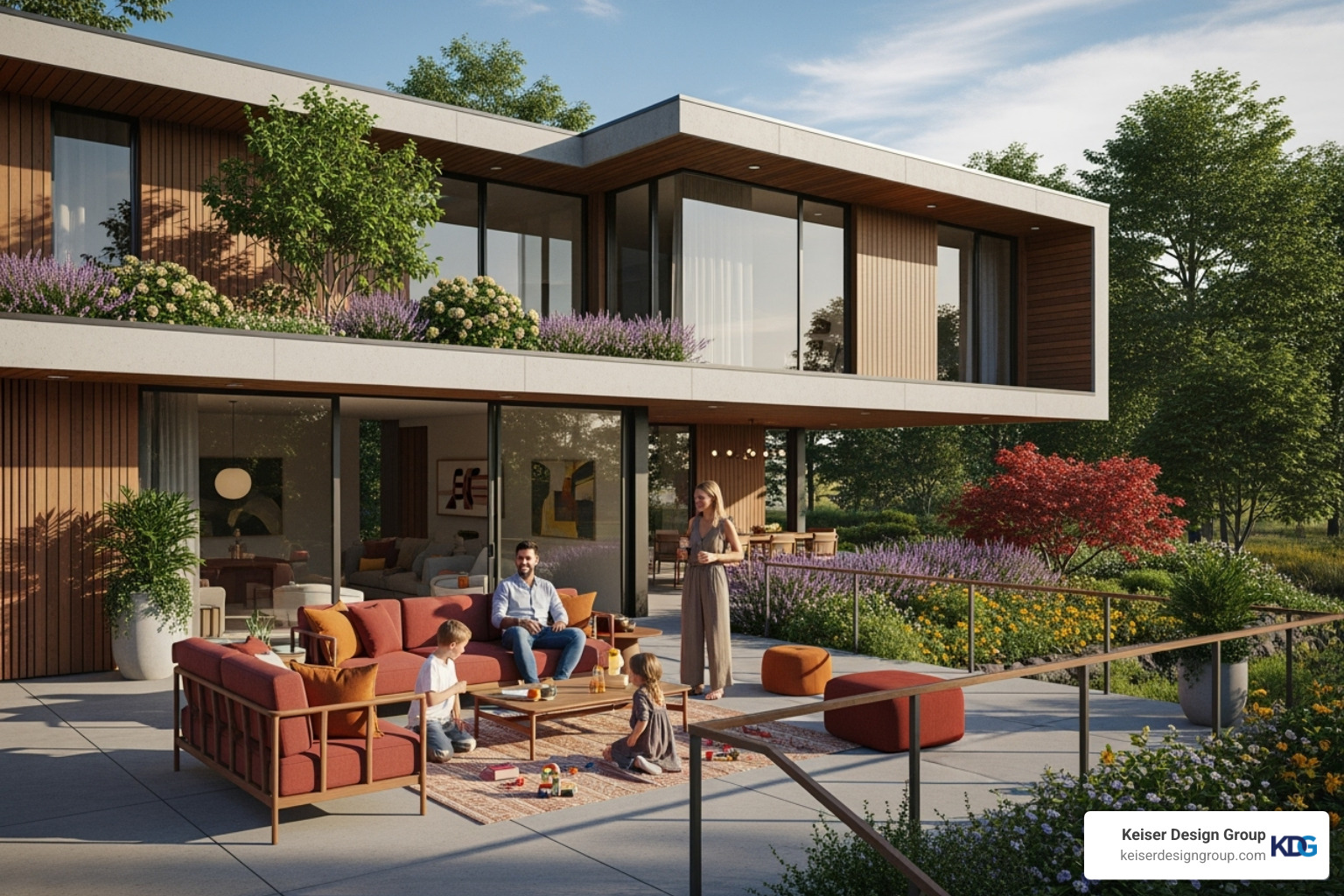 A modern home highlighting its use of strong lines and form, with a family (male and female parents, two children) enjoying the outdoor patio, featuring warm brand colors in the patio furniture and vibrant landscaping. - building architecture design