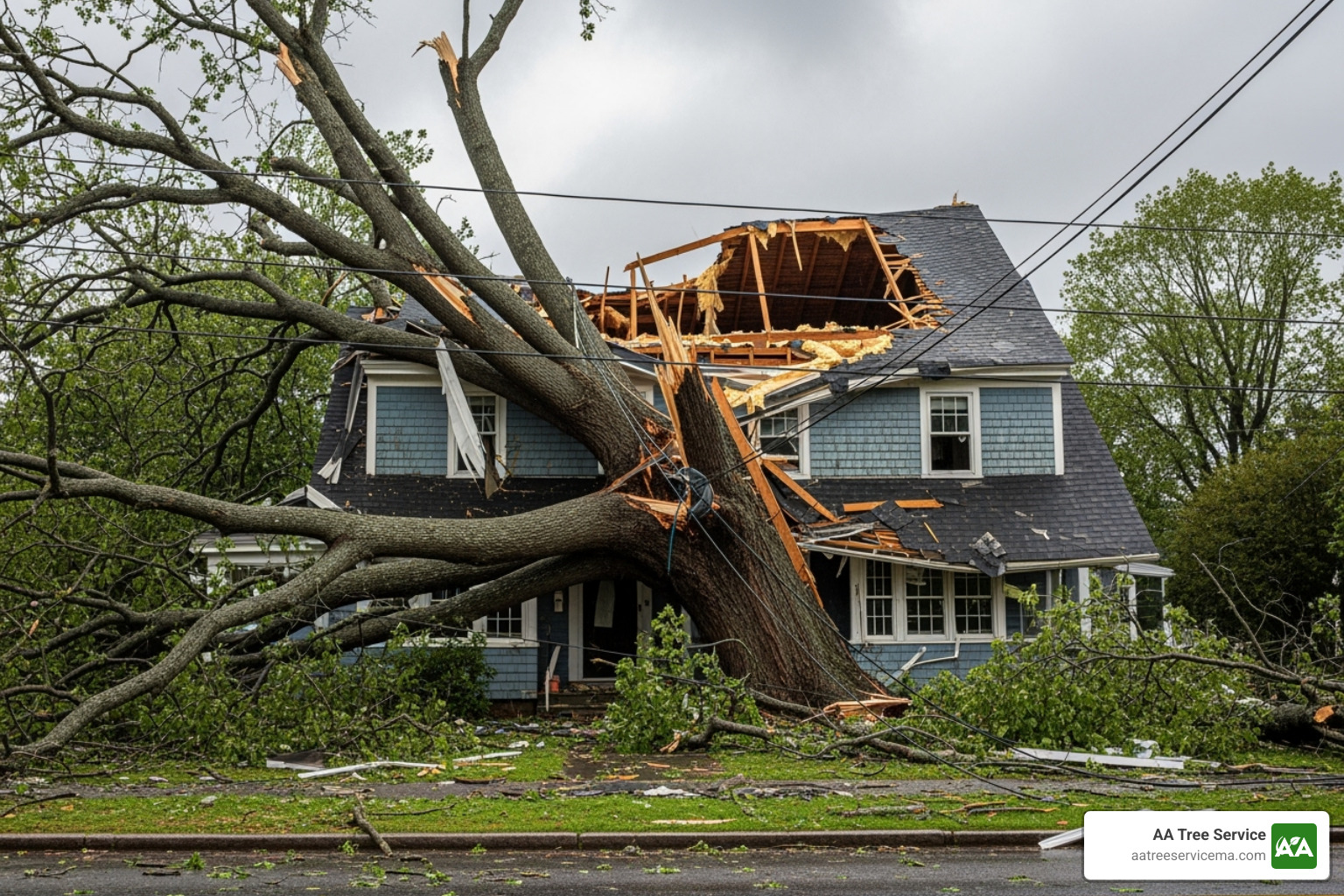 fallen tree on a house after a New England storm - local tree experts
