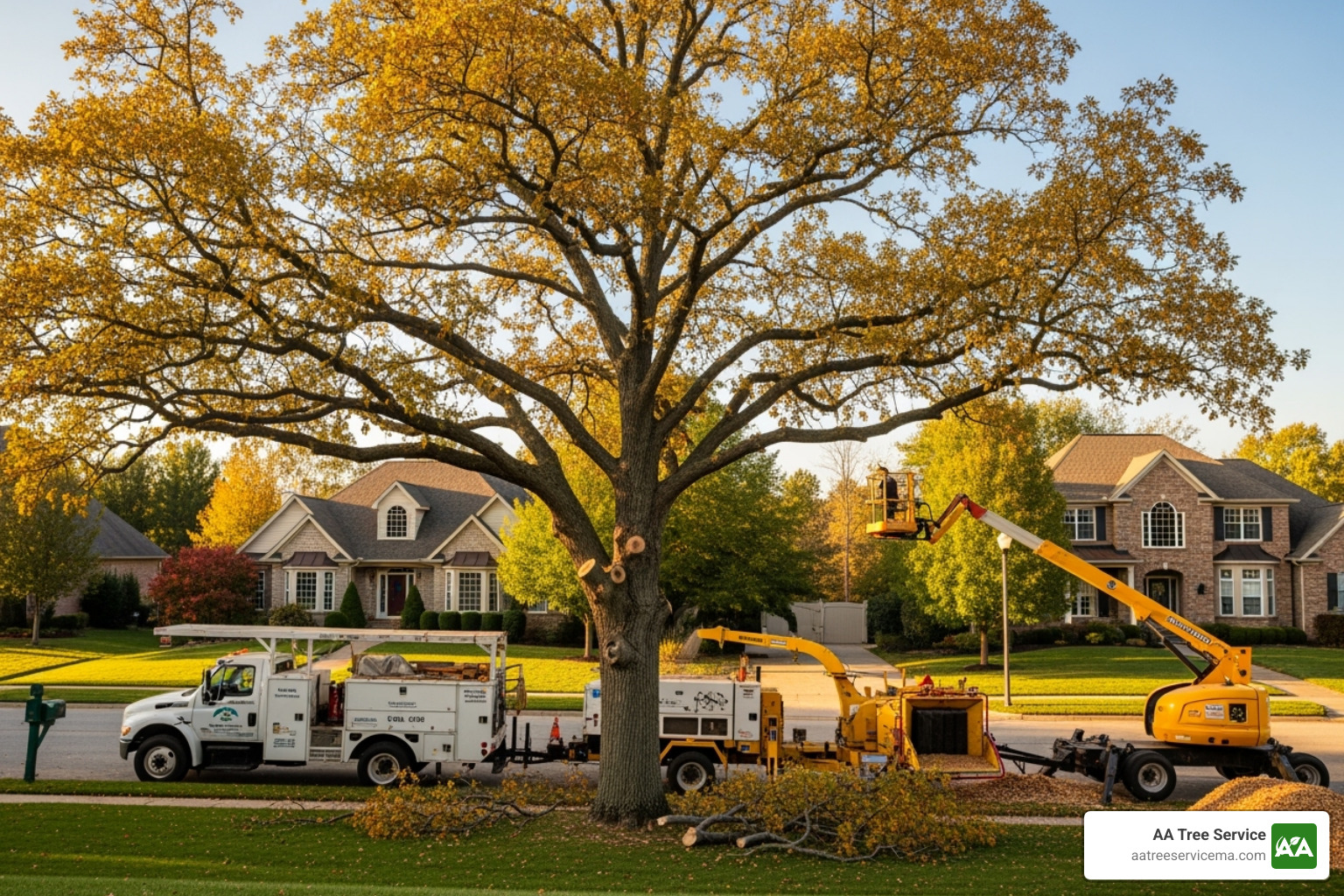 tree service crew safely pruning a large oak tree - local tree experts