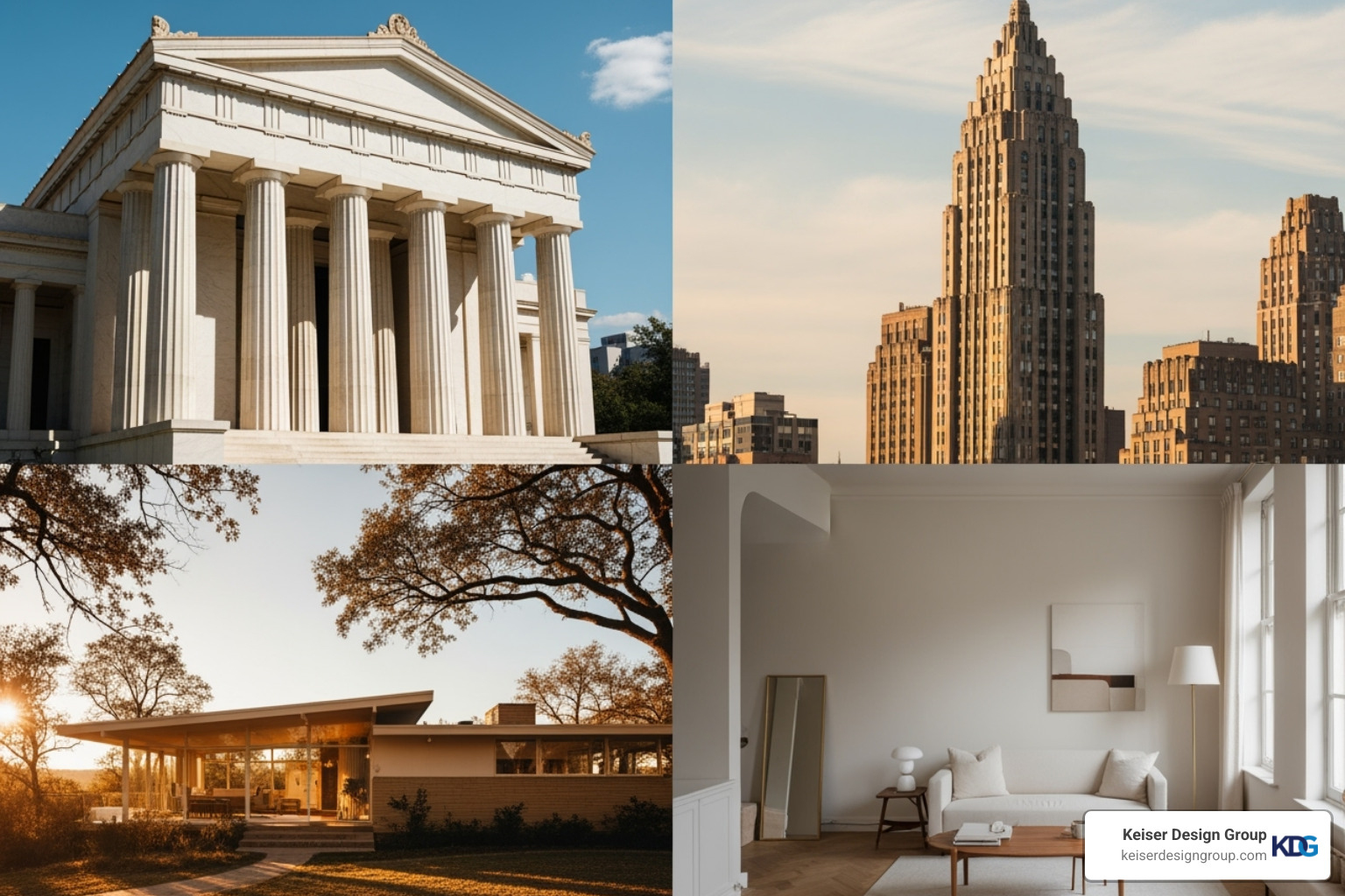 A collage showing examples of different architectural styles, including a Greek Revival building with columns, an Art Deco skyscraper, a Mid-Century Modern home with clean lines, and a minimalist interior space, all rendered in a warm, inviting palette. - building architecture design