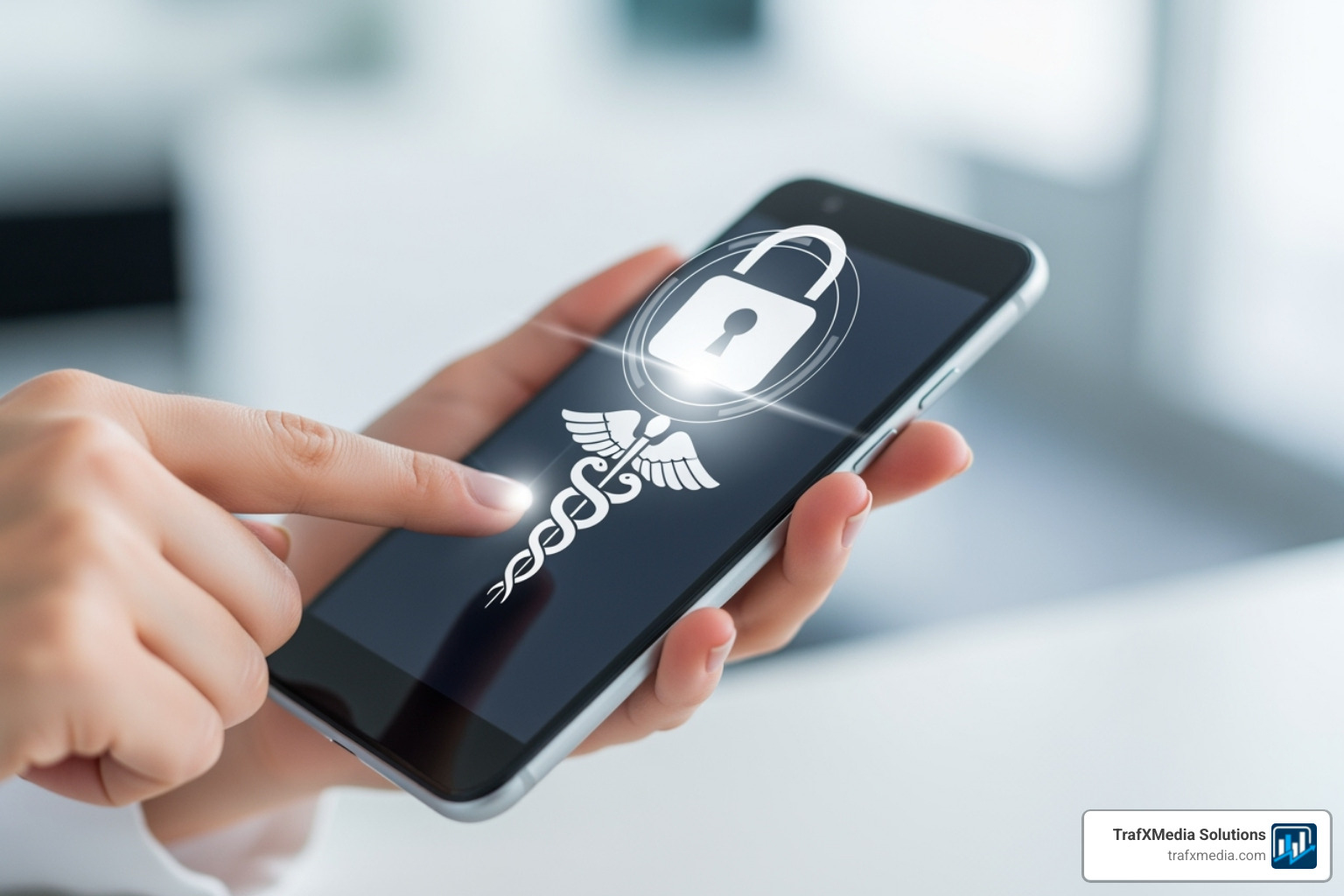 Digital padlock icon overlaid on a medical caduceus symbol, representing data security and healthcare compliance, featuring a Caucasian female hand holding a smartphone. - Google ads for doctors