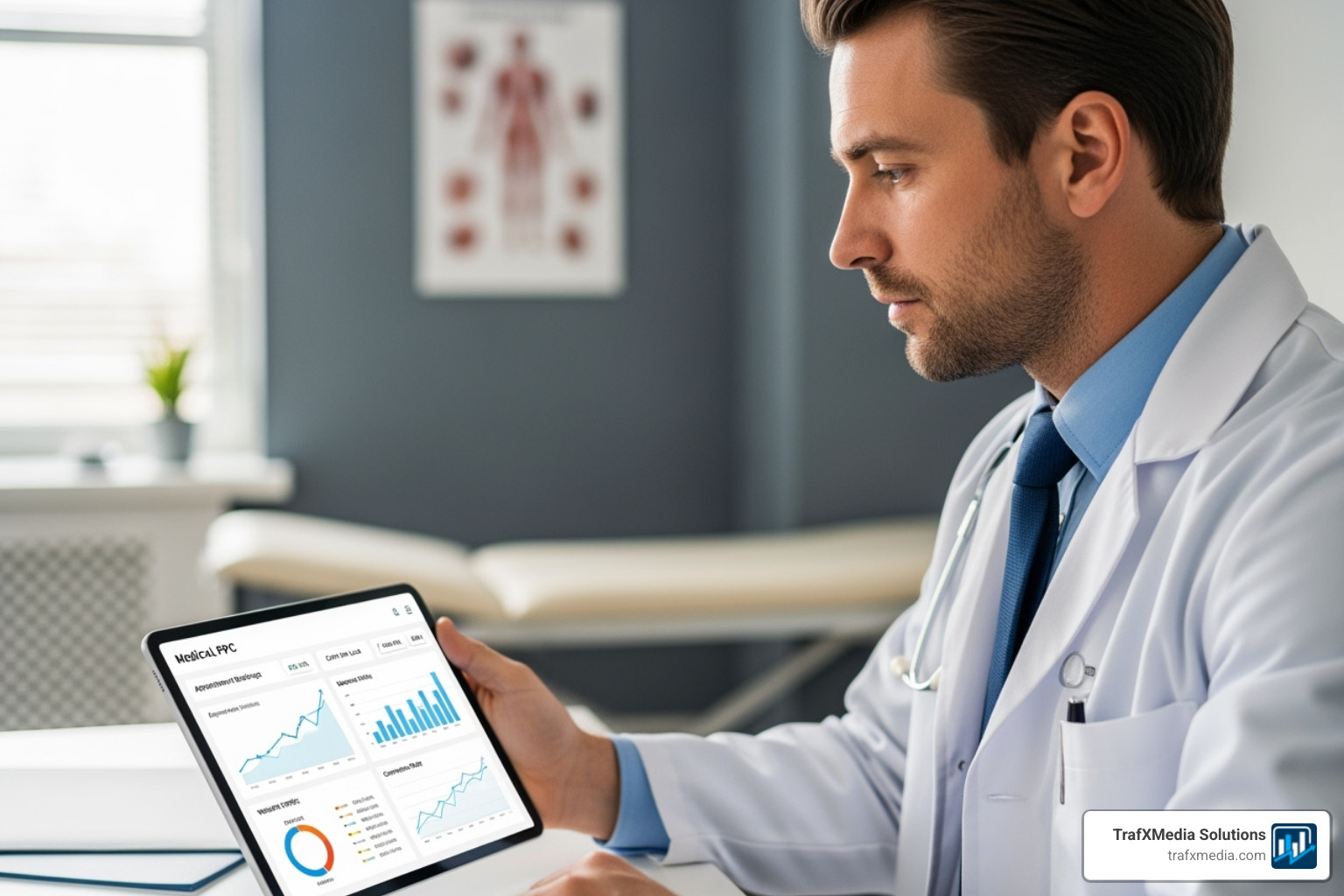 Clean analytics dashboard showing key medical PPC metrics like 'Appointment Bookings' and 'Cost Per Lead', with upward-trending graphs, featuring a Caucasian male doctor reviewing the data on a tablet. - Google ads for doctors