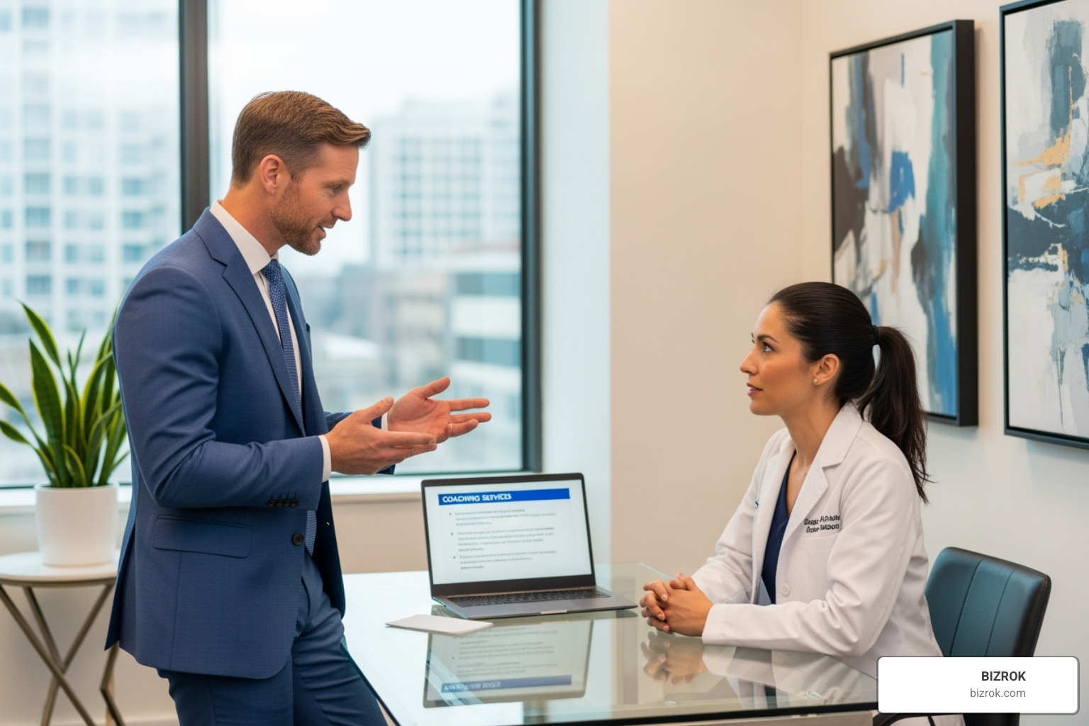 Dental coach explaining different coaching services to a dentist - Coaching for dentists