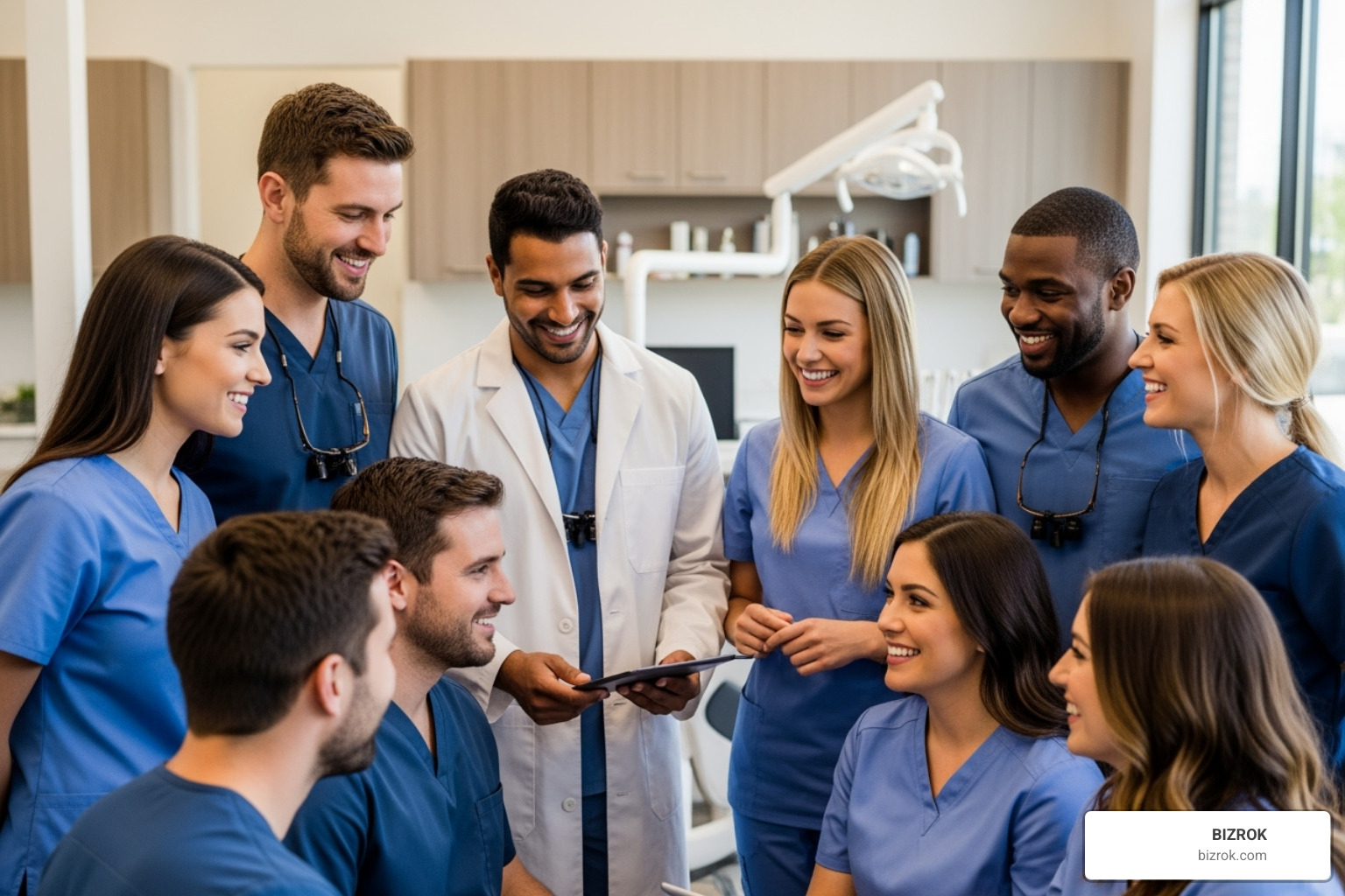 Dental team in a positive morning huddle - Coaching for dentists