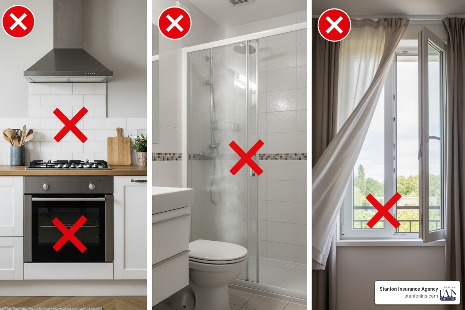 red "X" marks over areas to avoid installation, such as directly above a stove, in a steamy bathroom, or near an open window. - Install carbon monoxide detector red "X" marks over areas to avoid installation, such as directly above a stove, in a steamy bathroom, or near an open window. - Install carbon monoxide detector