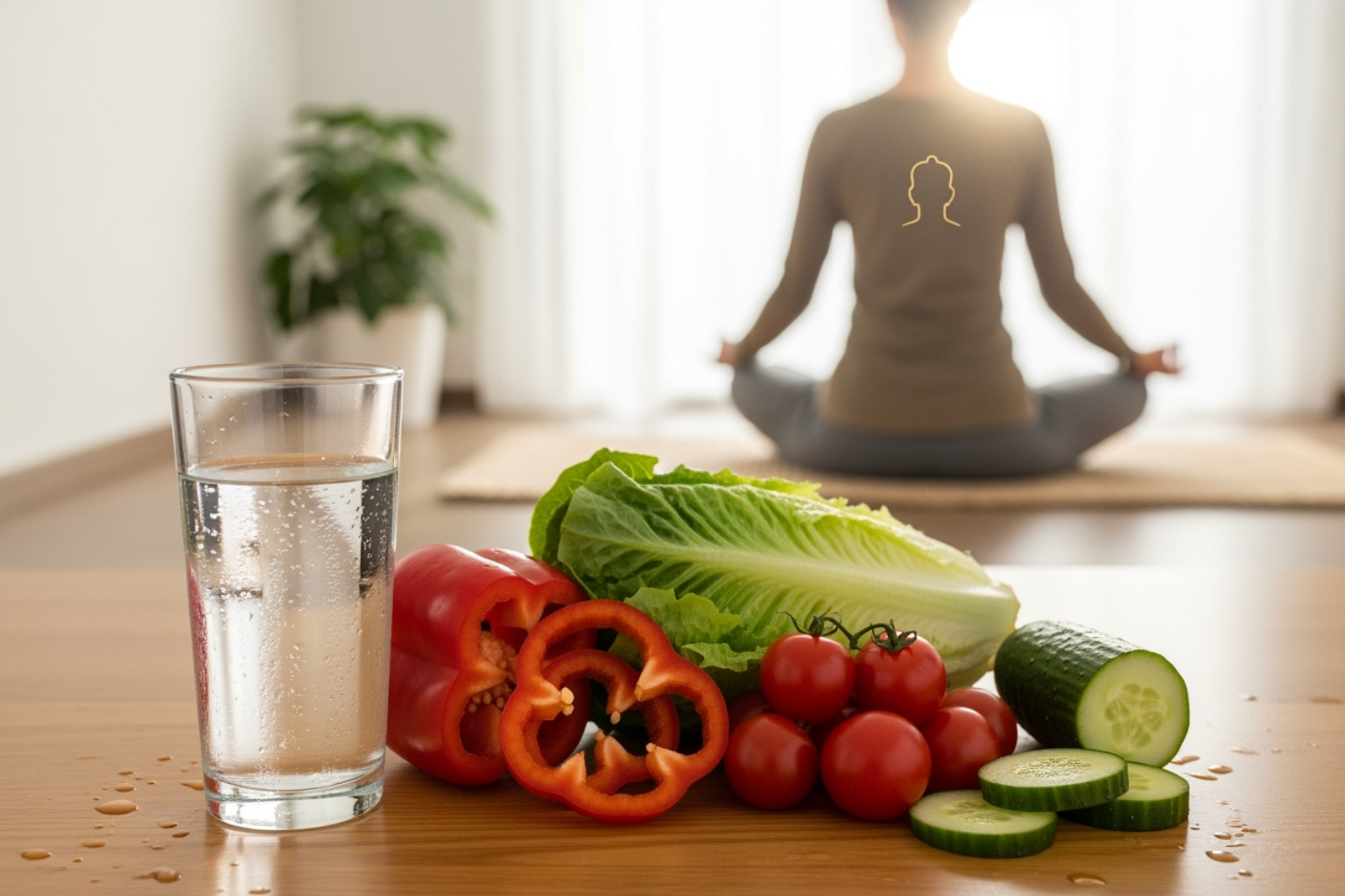 healthy lifestyle elements: a glass of water, fresh vegetables, a person meditating - beauty tips for clear skin