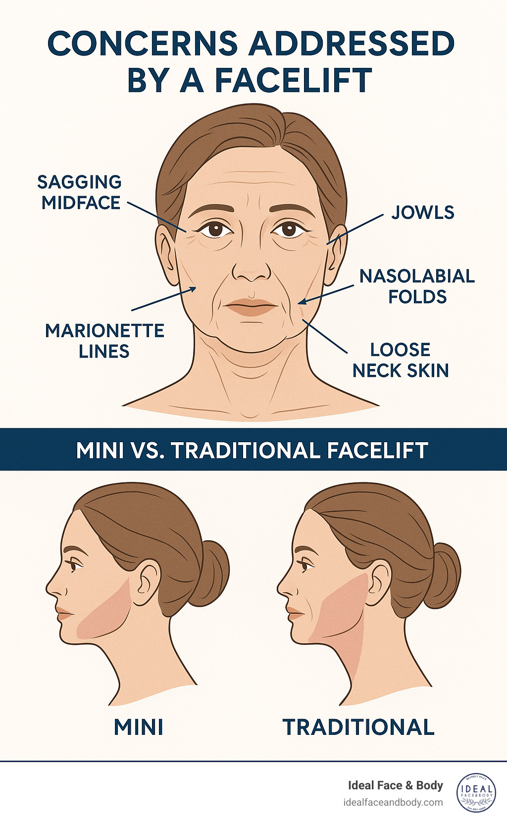 Comprehensive infographic showing facial aging concerns that facelifts address, including sagging midface, jowls, nasolabial folds, marionette lines, and loose neck skin, with arrows indicating areas of improvement and comparison of mini vs traditional facelift treatment zones - facelift near me infographic 