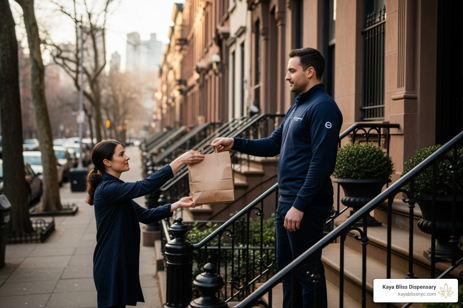 A discreet, professional delivery driver handing a plain bag to a customer at their door in Brooklyn. - weed delivery