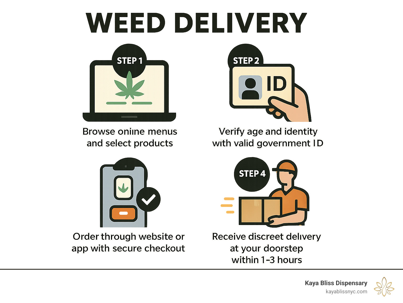 Infographic showing the 4 simple steps of weed delivery process: Step 1 Browse online menus and select products, Step 2 Order through website or app with secure checkout, Step 3 Verify age and identity with valid government ID, Step 4 Receive discreet delivery at your doorstep within 1-3 hours - weed delivery infographic 