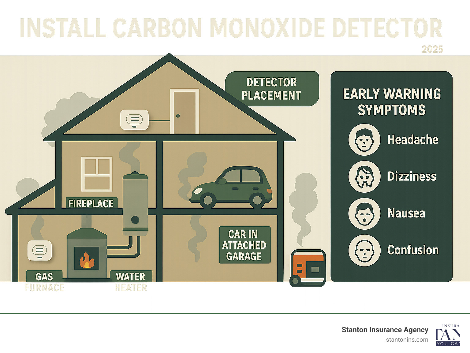 Comprehensive infographic showing carbon monoxide sources in a home cross-section including gas furnace in basement, water heater, fireplace in living room, car in attached attached garage, and portable generator outside, with early warning symptoms listed as headache, dizziness, nausea, and confusion, plus recommended detector placement locations on each floor - Install carbon monoxide detector infographic Comprehensive infographic showing carbon monoxide sources in a home cross-section including gas furnace in basement, water heater, fireplace in living room, car in attached attached garage, and portable generator outside, with early warning symptoms listed as headache, dizziness, nausea, and confusion, plus recommended detector placement locations on each floor - Install carbon monoxide detector infographic