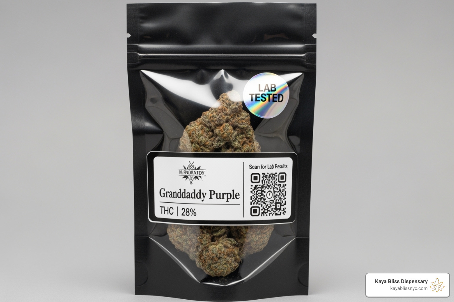 A sealed, lab-tested cannabis product in its compliant New York packaging, showing a QR code for lab results. - weed delivery
