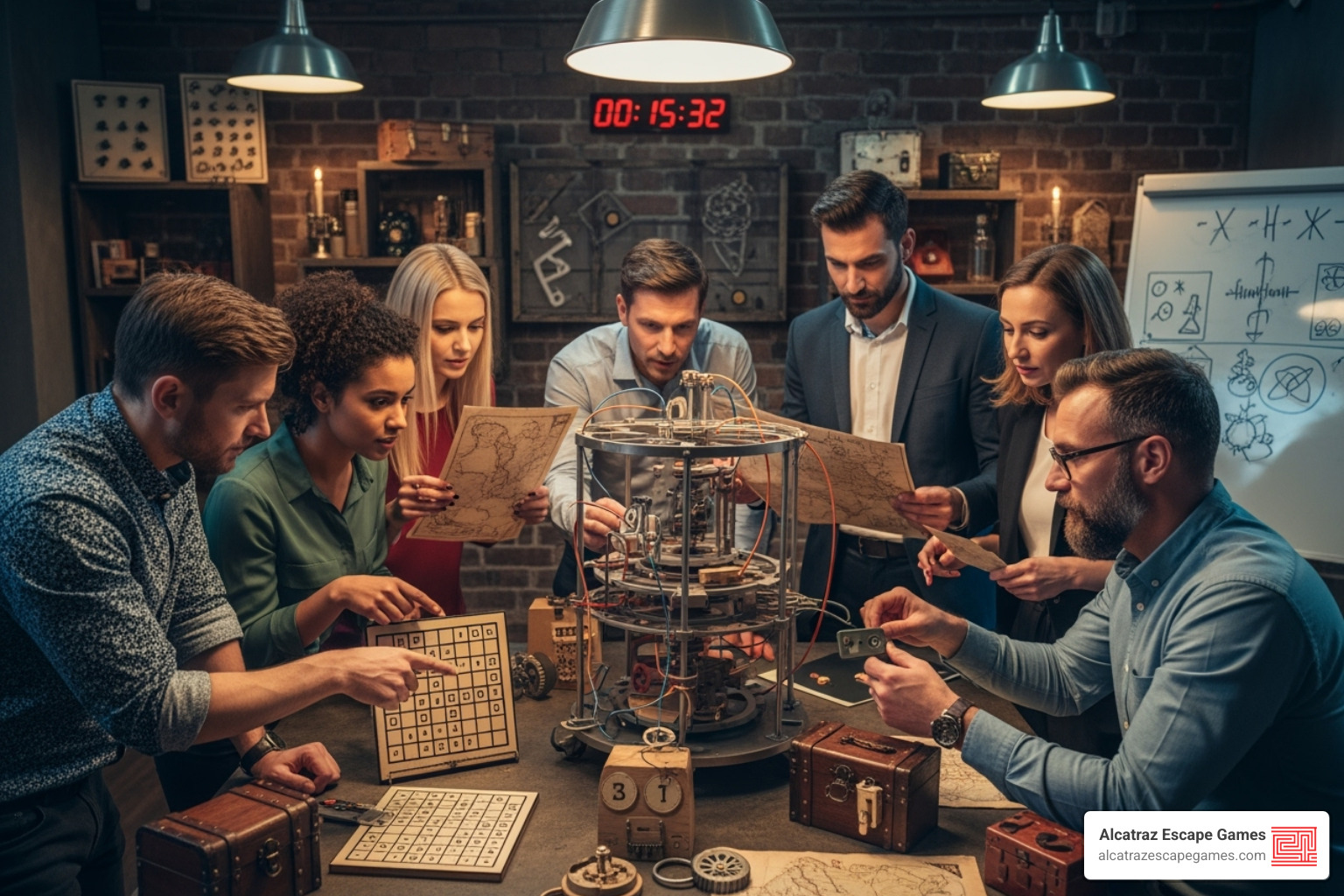 image of employees working together on a complex puzzle - escape rooms for corporate events