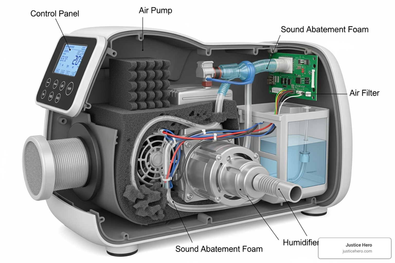 Diagram showing internal components of a CPAP machine, highlighting the sound abatement foam - cpap recall Diagram showing internal components of a CPAP machine, highlighting the sound abatement foam - cpap recall