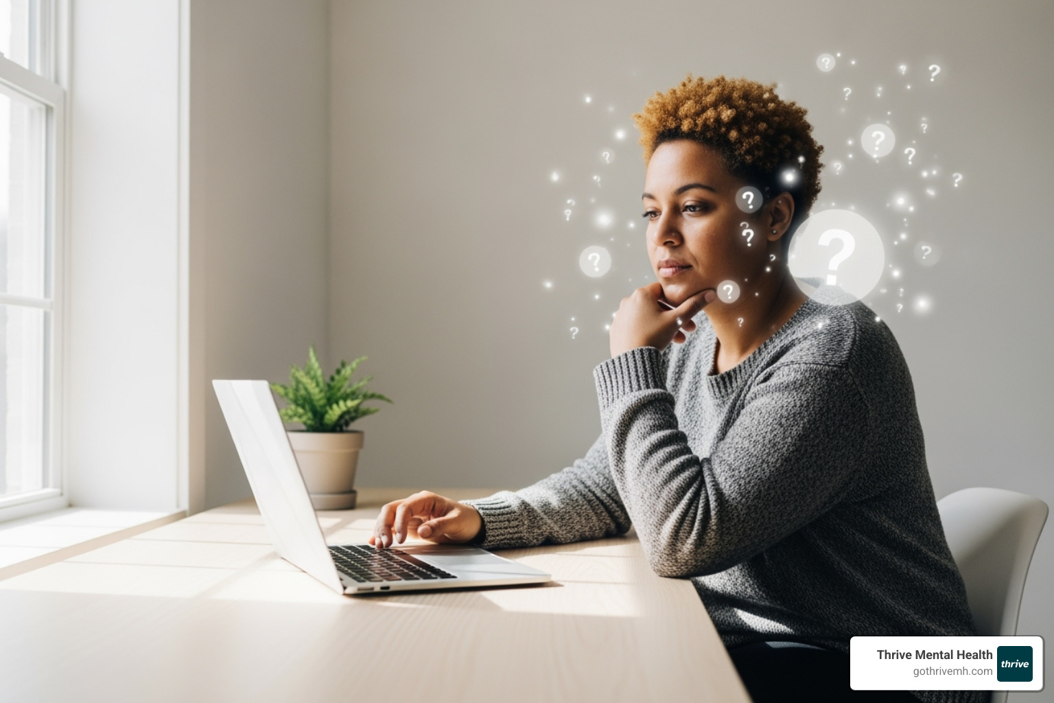 person on a laptop looking thoughtful with question mark icons around them - health insurance companies person on a laptop looking thoughtful with question mark icons around them - health insurance companies