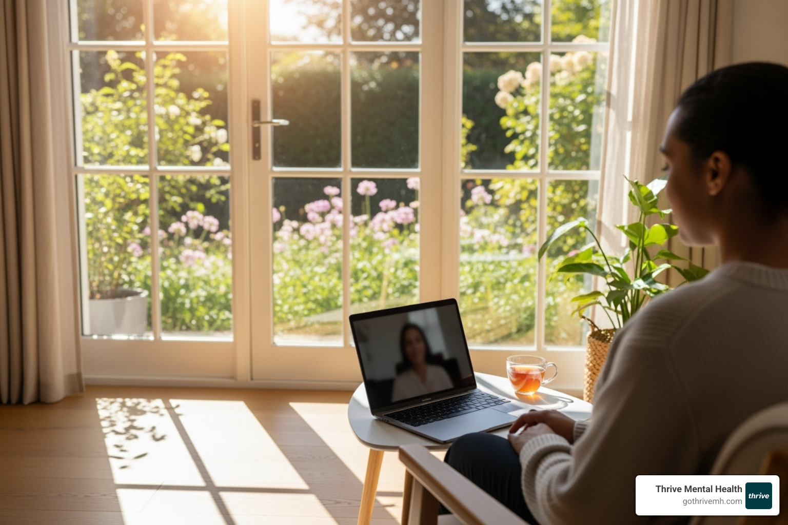 A person with a serene expression uses a laptop for a telehealth session, positioned near a sunlit window, suggesting convenience and a peaceful environment for remote therapy. - depression treatment St. Petersburg