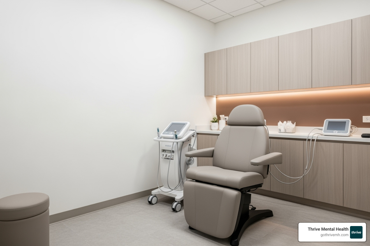 A modern, clean medical treatment room with advanced medical equipment, focusing on a comfortable patient chair, indicating a safe and professional environment for innovative mental health treatments. - depression treatment St. Petersburg