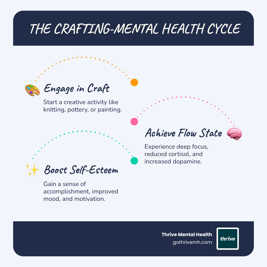 Infographic showing the mental health benefits cycle: Person engages in creative craft activity, enters flow state with focused attention, stress hormone cortisol decreases while dopamine increases, leading to improved mood and self-esteem, which motivates continued creative engagement - arts and crafts for mental health patients infographic infographic-line-3-steps-blues-accent_colors