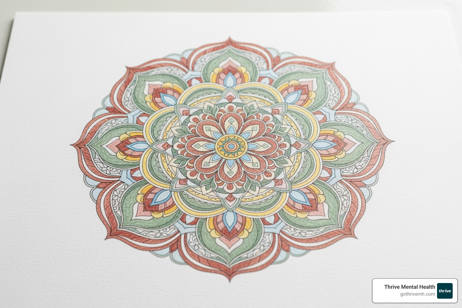 a completed, colorful mandala - art therapy activities for self esteem