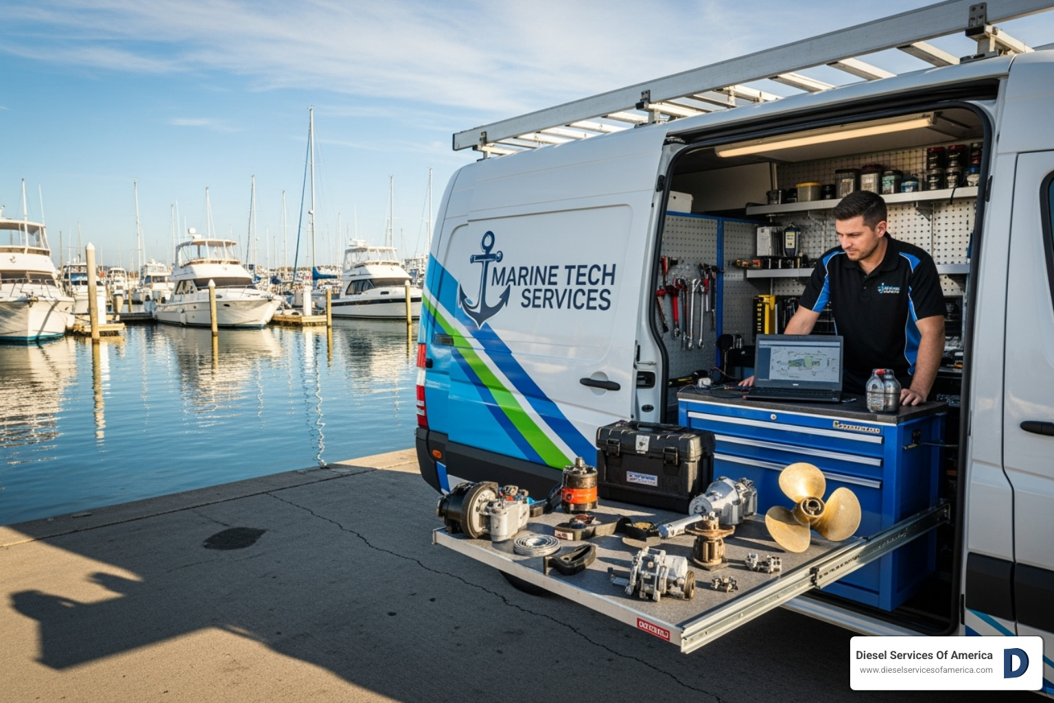 mobile service van at marina dock - Marine engine repair services