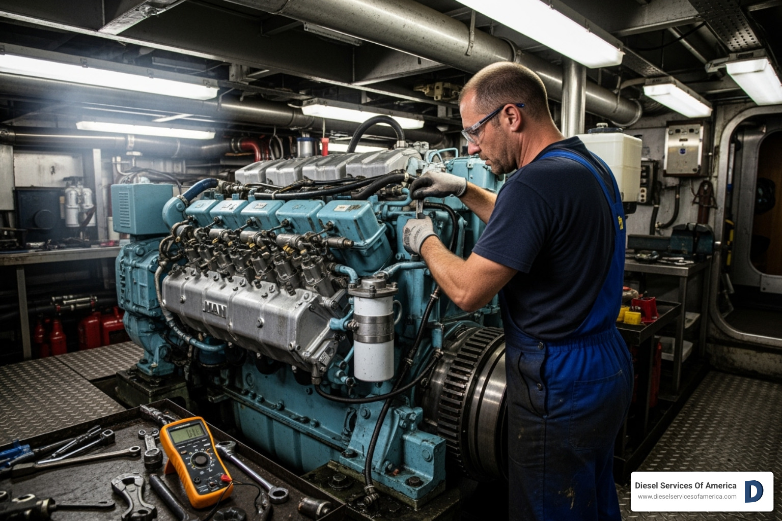 technician working on a large MAN marine diesel engine - Marine engine repair services