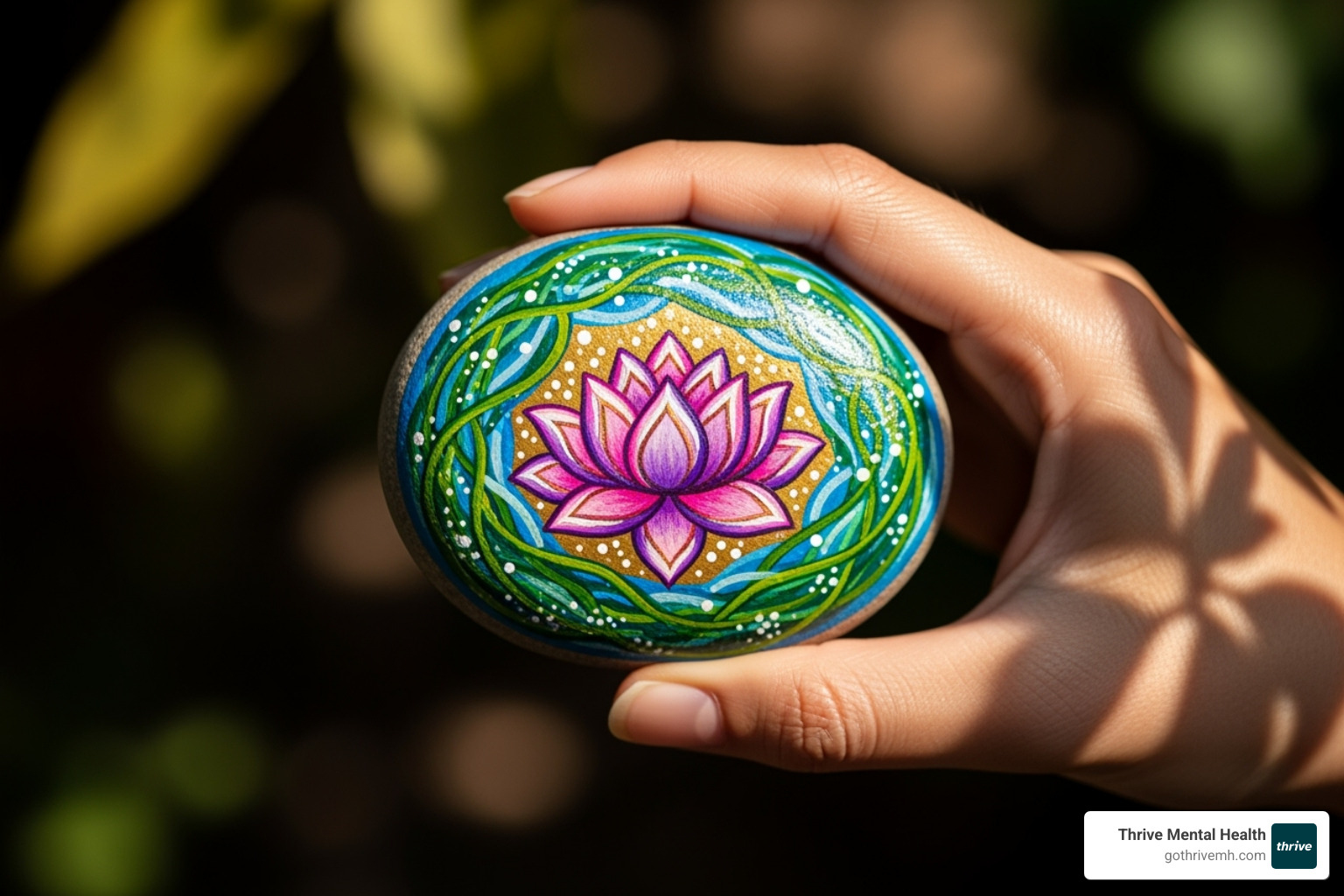A hand holding a vibrantly painted rock, with blurred natural light in the background, symbolizing hope, creativity, and personal growth - arts and crafts for mental health patients
