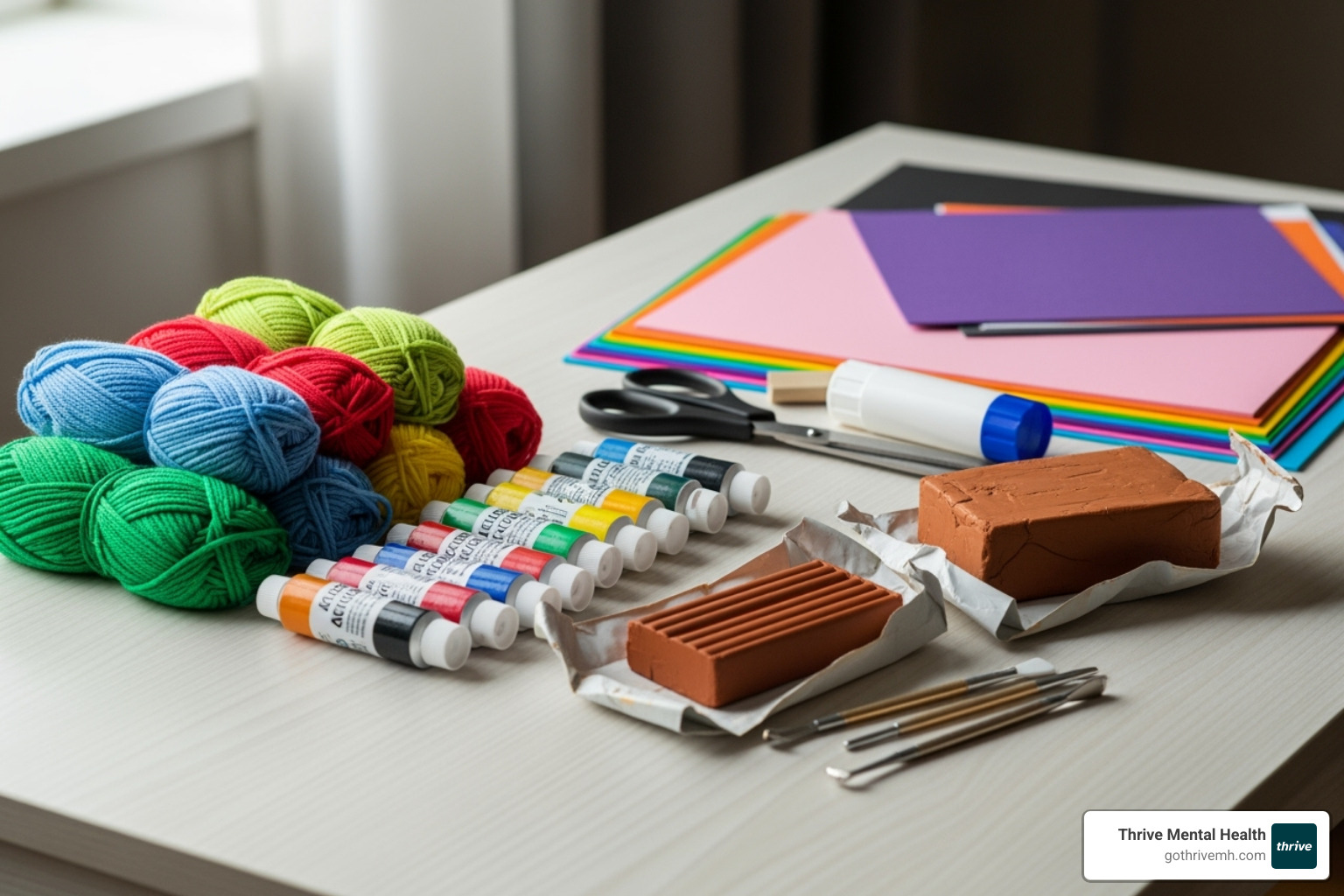 A variety of craft supplies including colorful yarn, tubes of paint, modeling clay, and stacks of paper, arranged neatly to evoke a sense of calm and creative potential - arts and crafts for mental health patients