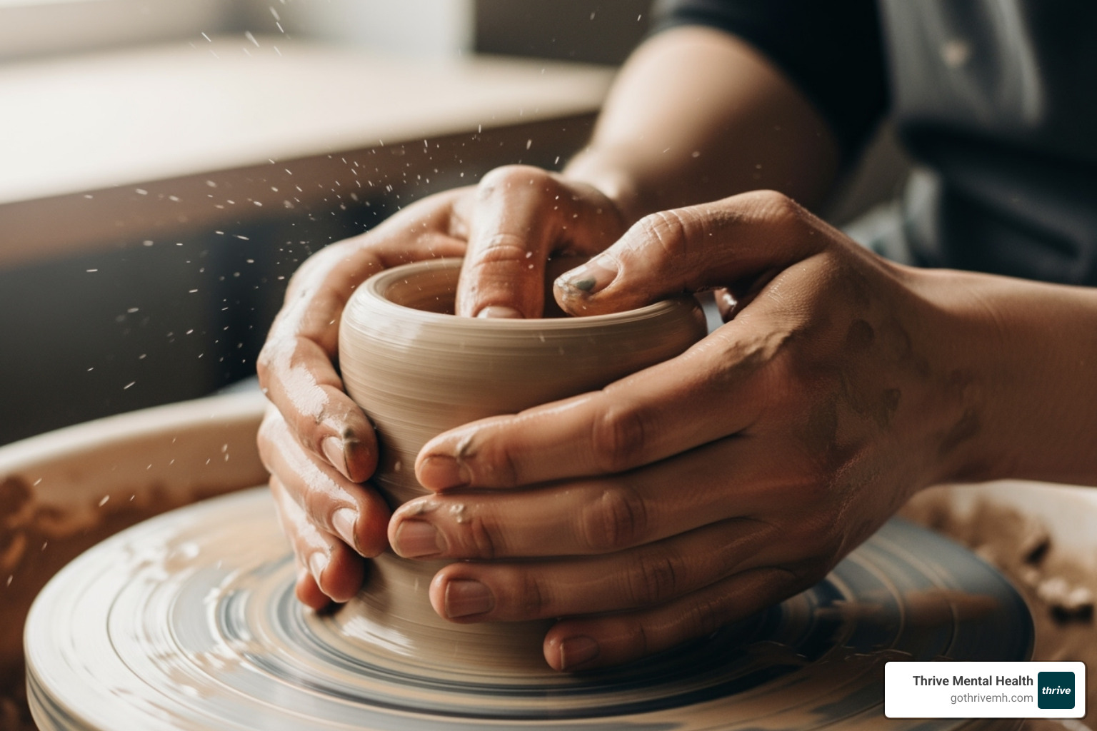 Hands gently shaping a lump of clay on a pottery wheel, with soft, diffused natural light illuminating the scene, emphasizing focus and calm - arts and crafts for mental health patients