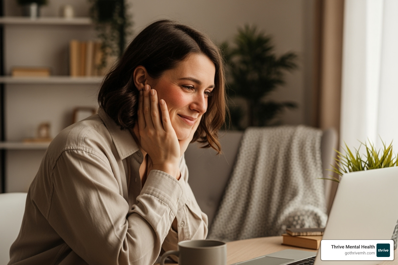 A person looking relieved while talking to a therapist on a laptop - behavioral health iop
