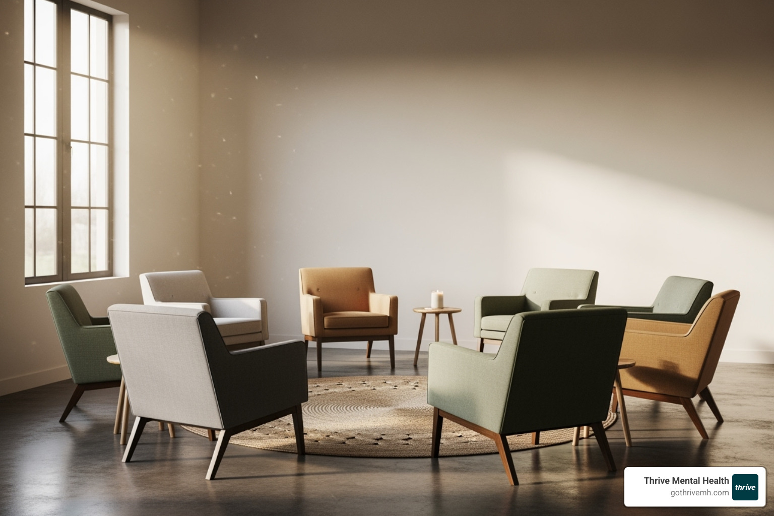 A serene room with comfortable chairs arranged for a group session - United Healthcare partial hospitalization