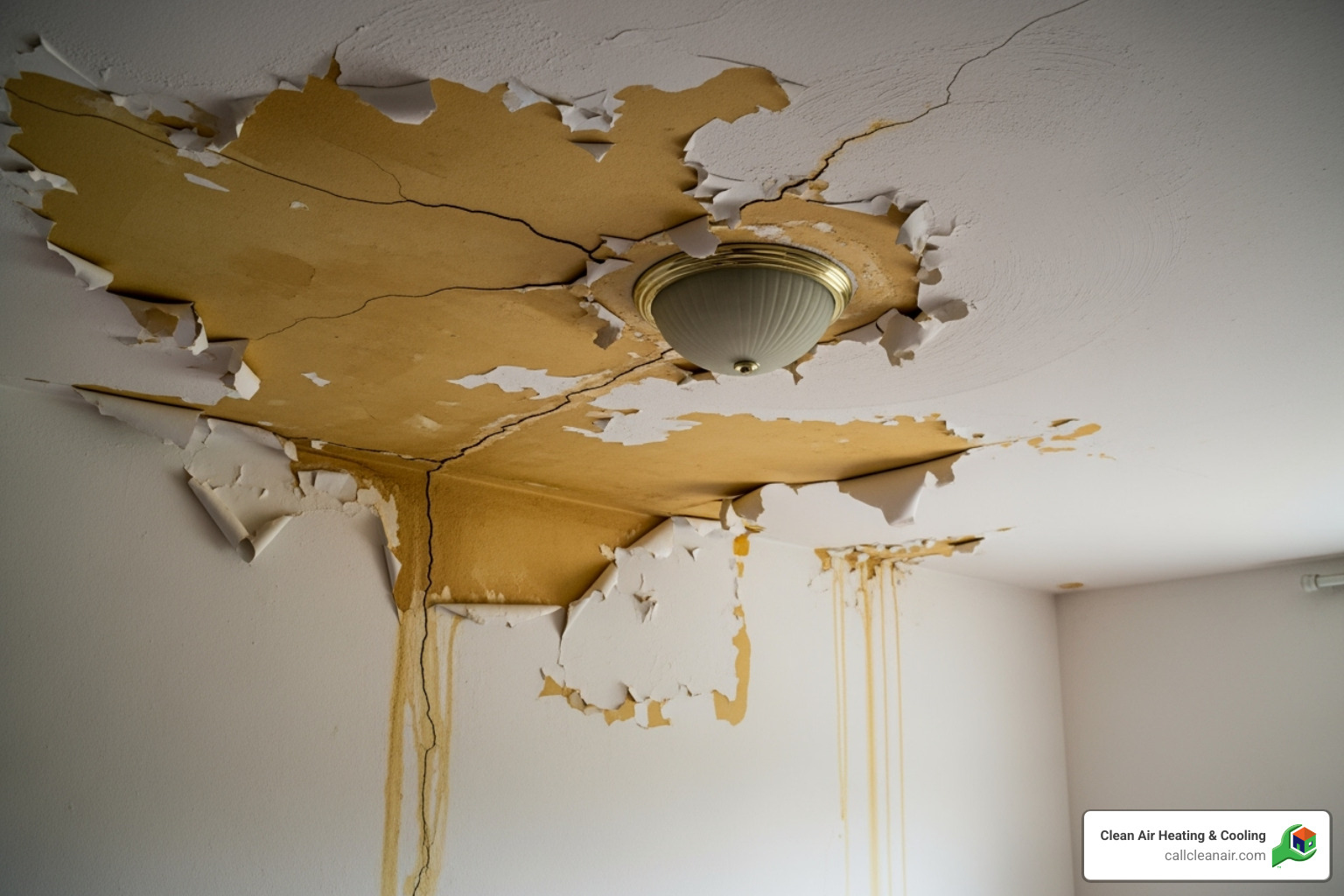 Image of significant water damage to a ceiling and wall - AC drain line clogged