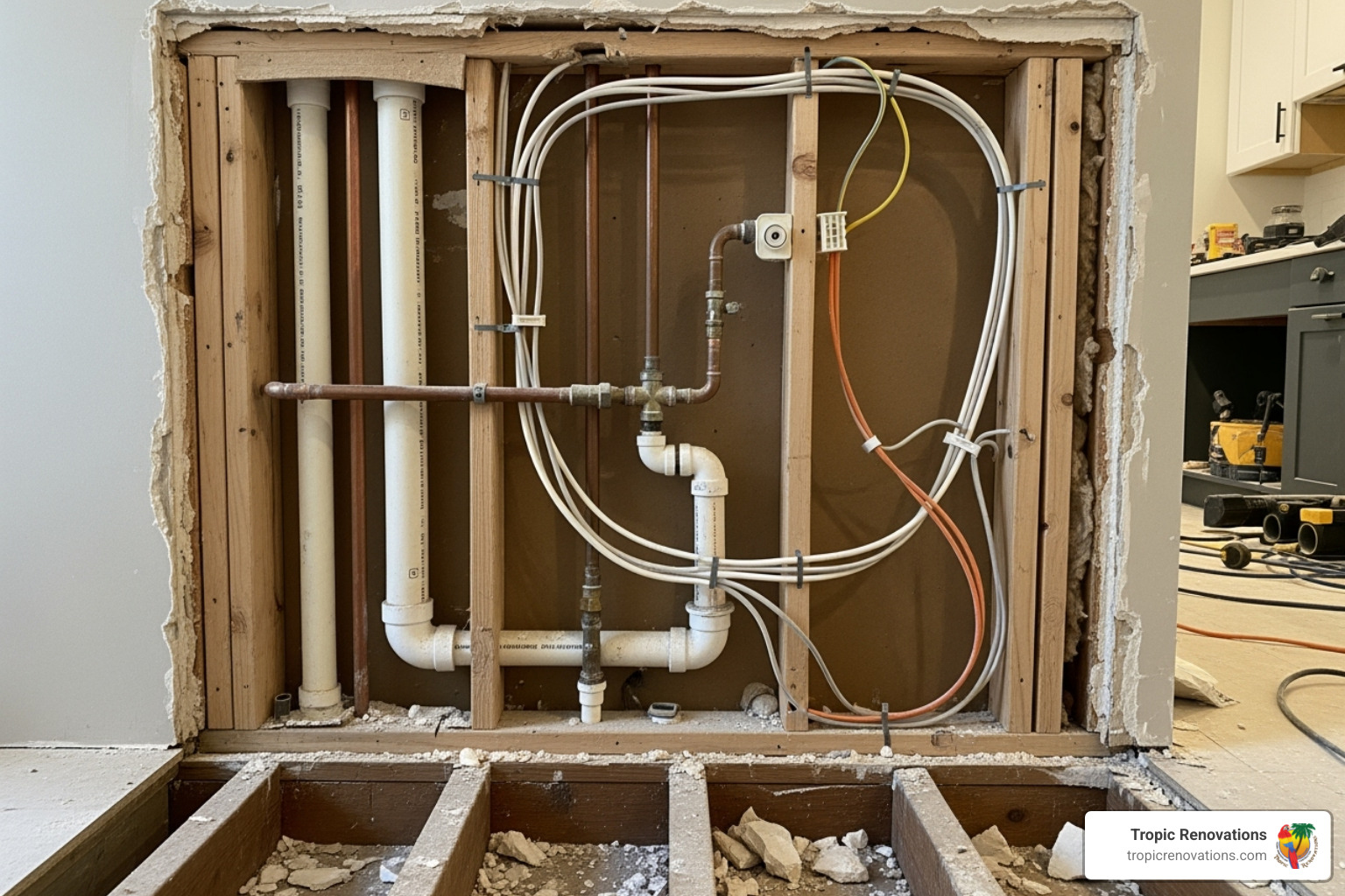 wall opened up showing plumbing and electrical wiring - how much does it cost to remodel a kitchen