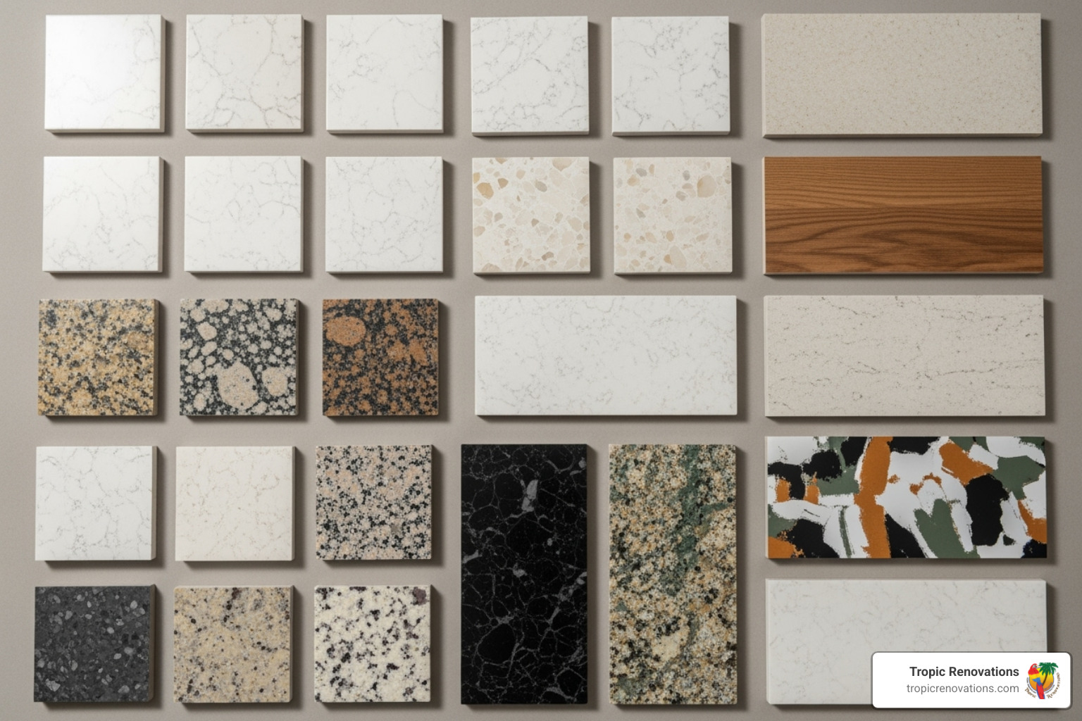 various countertop material samples like quartz, granite, and laminate - how much does it cost to remodel a kitchen