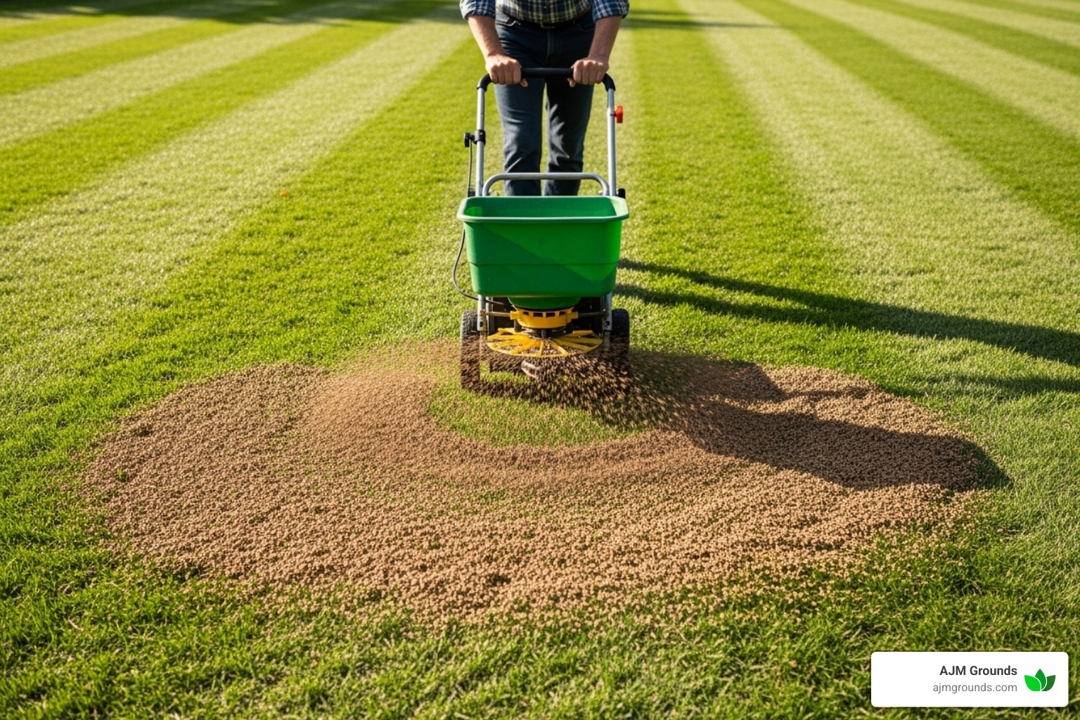 person using a broadcast spreader to apply seed evenly across a lawn - lawn care seeding and fertilizing
