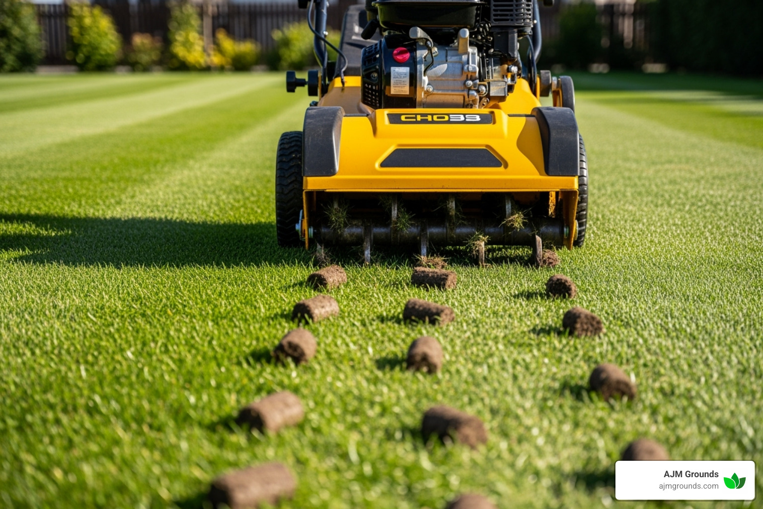 core aerator pulling plugs from a lawn - lawn care seeding and fertilizing