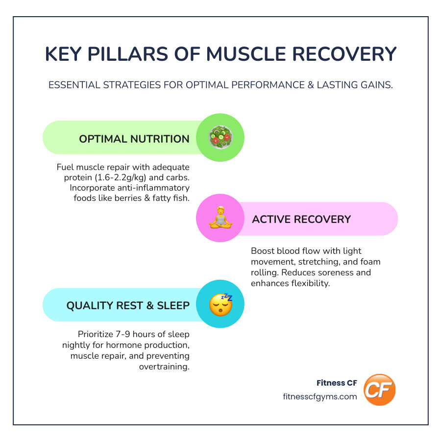 Infographic showing the three key pillars of muscle recovery: a plate of balanced nutrition with protein and carbs, a person doing light stretching for active recovery, and a peaceful bedroom scene representing quality rest and sleep - good things for muscle recovery infographic infographic-line-3-steps-colors