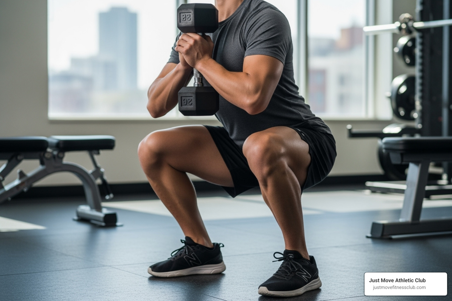 A person performing a goblet squat with a dumbbell, demonstrating proper form for a foundational lower body exercise - strength and muscle building workout plan A person performing a goblet squat with a dumbbell, demonstrating proper form for a foundational lower body exercise - strength and muscle building workout plan